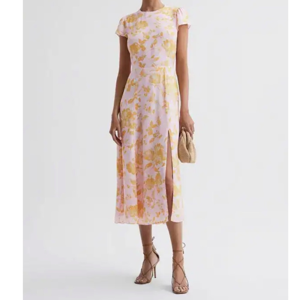 Springtime is near!! Reiss Livia Dress Light Pink and Yellow floral design.